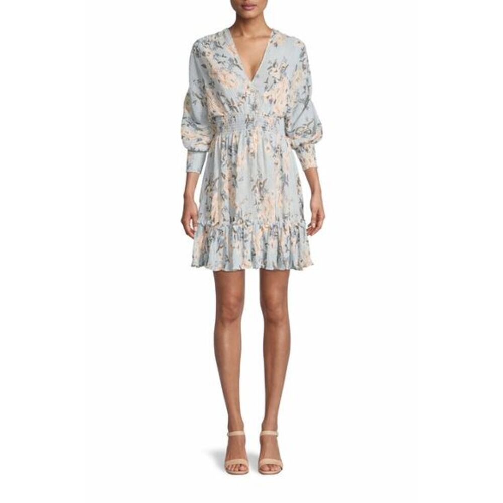 Revolve Lovestitch Blue Boho Blue Floral Open Back Mini Dress Puff Sleeve Medium